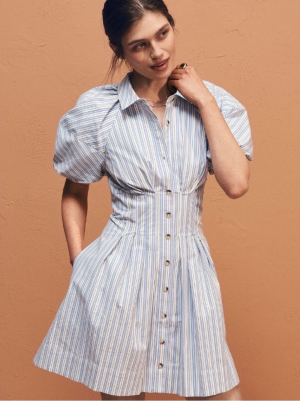 NWT Anthropologie Puff-Sleeve Striped Mini Shirt Dress - Picture 5 of 11